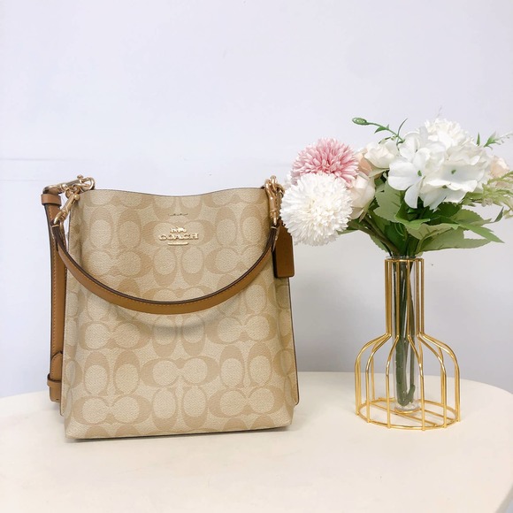 Coach (CA582) Mollie 22 Small Light Khaki Coated Canvas Bucket Crossbody Handbag